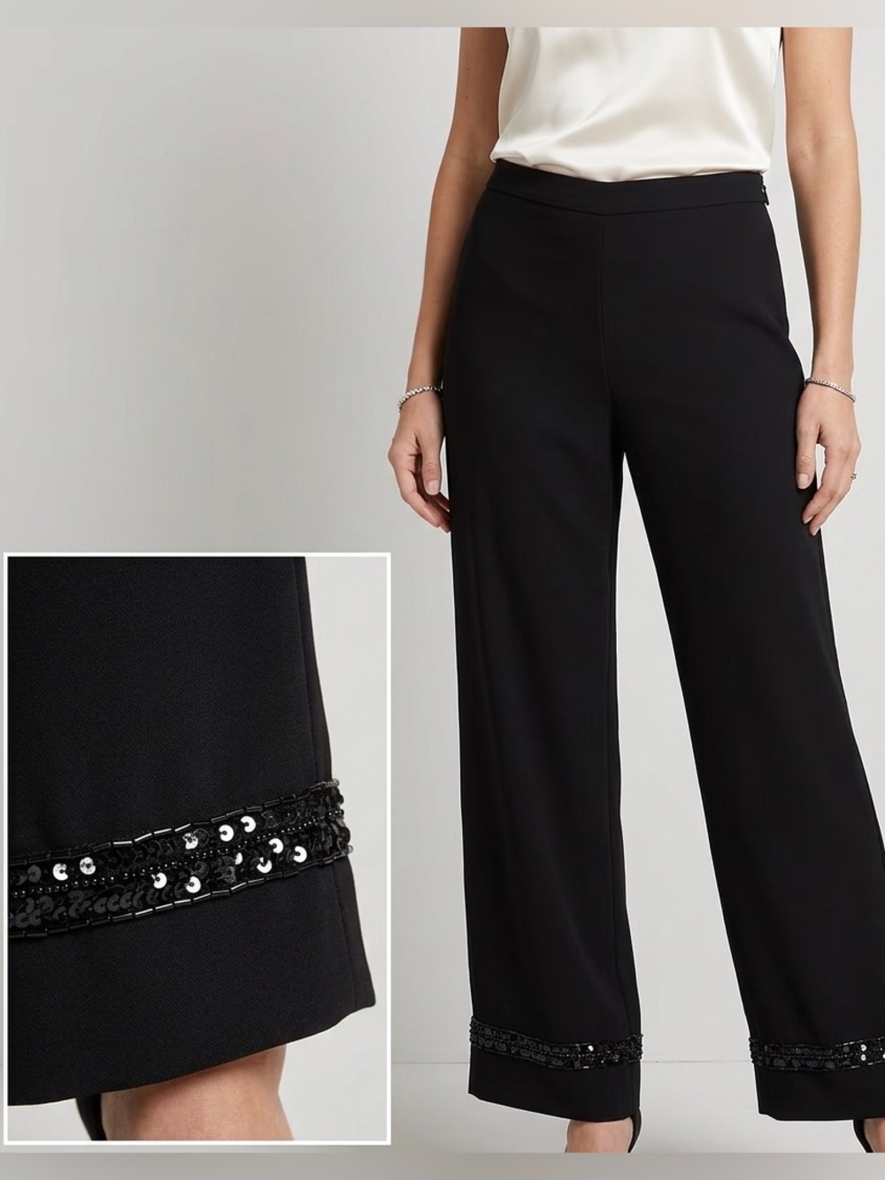 Additionelle Black Wide Leg Crop Pants Beaded Trim Hem Elastic Waist Dressy 1948